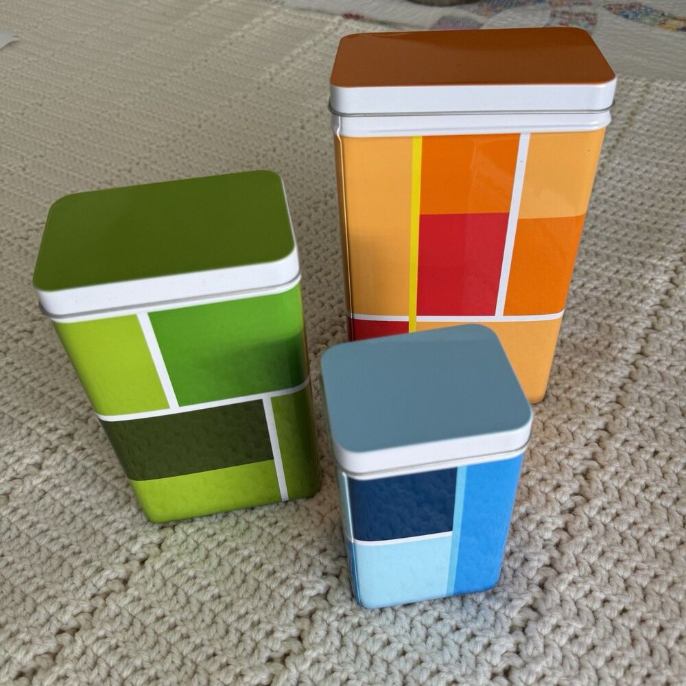 IKEA Set of 3 Nesting Metal Canisters Tins With Lids Retro Style Bold Colors